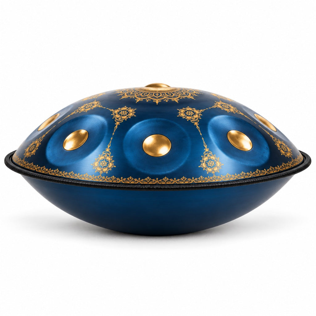 Handpan Mandala D-Moll Kurd in Blau, Seitenansicht