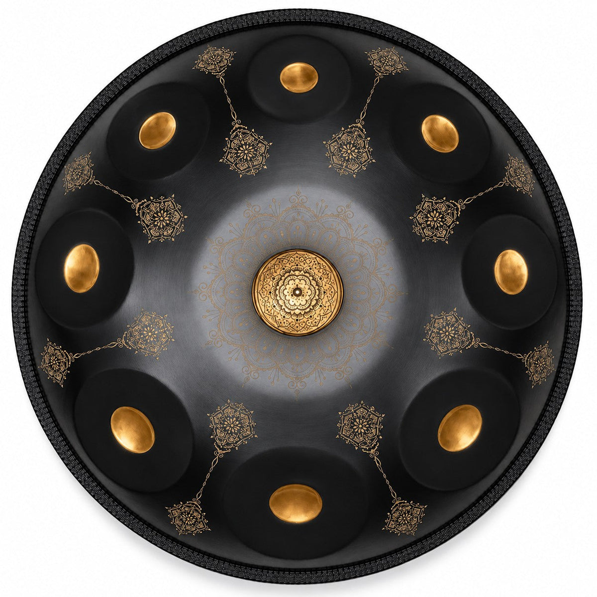 Handpan Mandala D-Moll Kurd in Schwarz, von oben