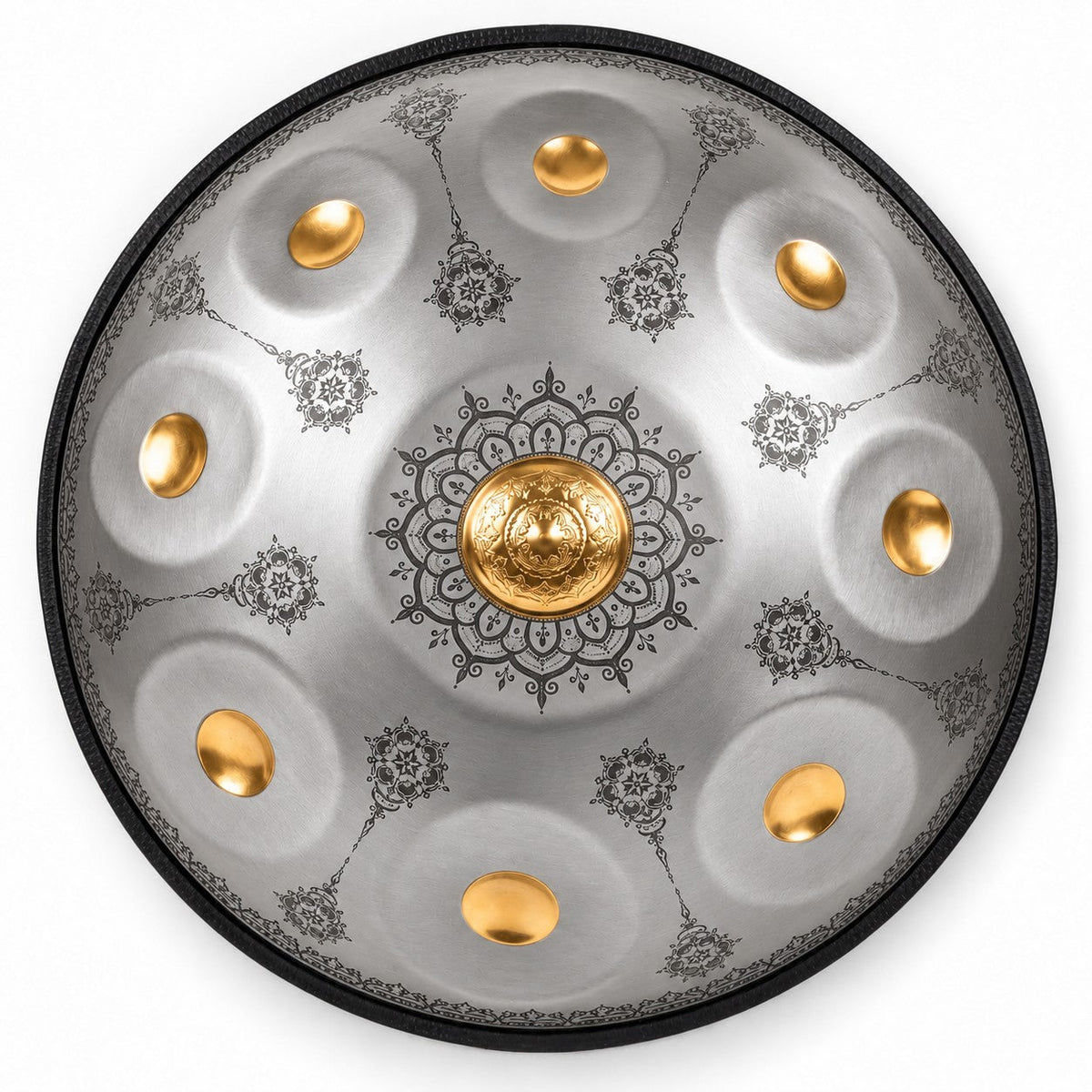 Handpan Mandala D-Moll Kurd in Silber, von oben