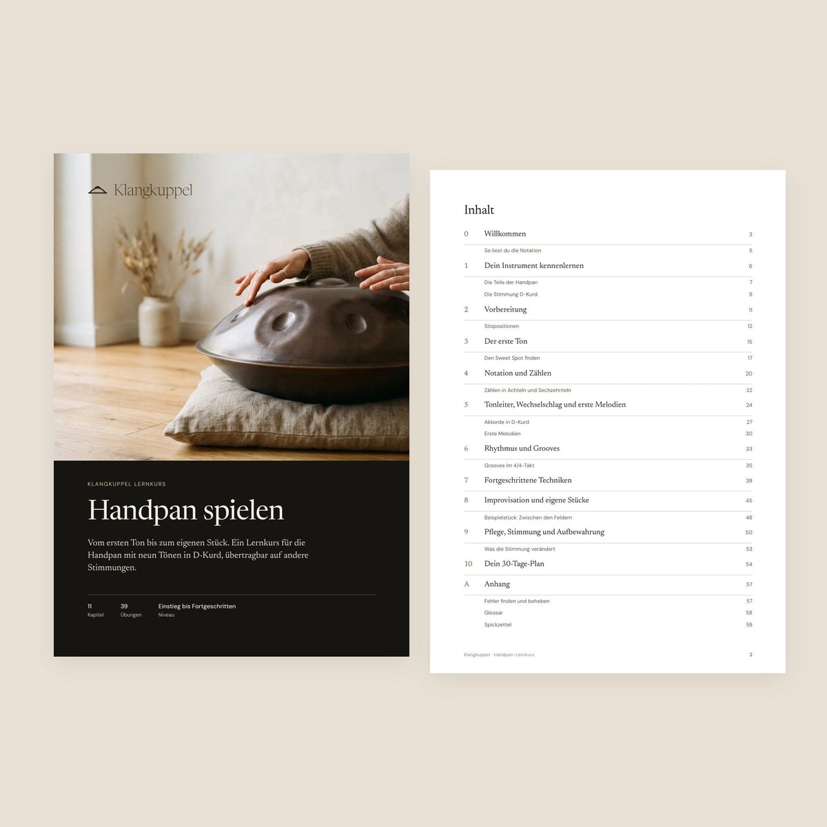 Titelseite und Inhaltsverzeichnis des Handpan-Lernkurses
