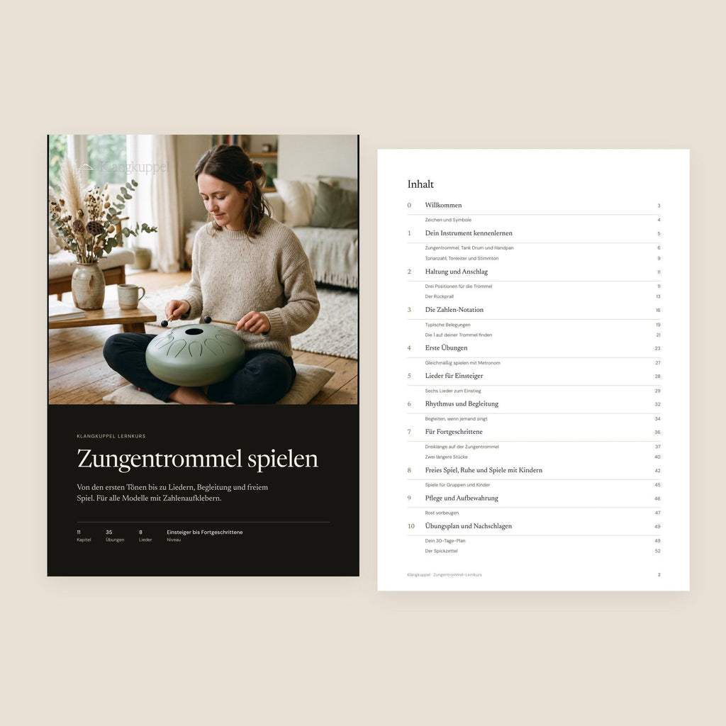 Titelseite und Inhaltsverzeichnis des Zungentrommel-Lernkurses