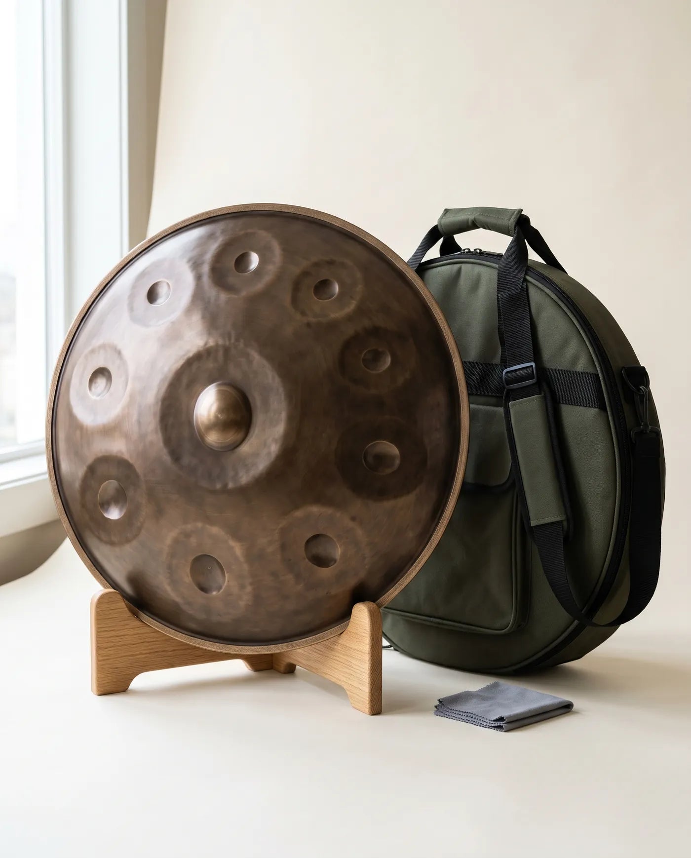 Handpan auf einem Holzständer neben ihrer Transporttasche und einem Reinigungstuch